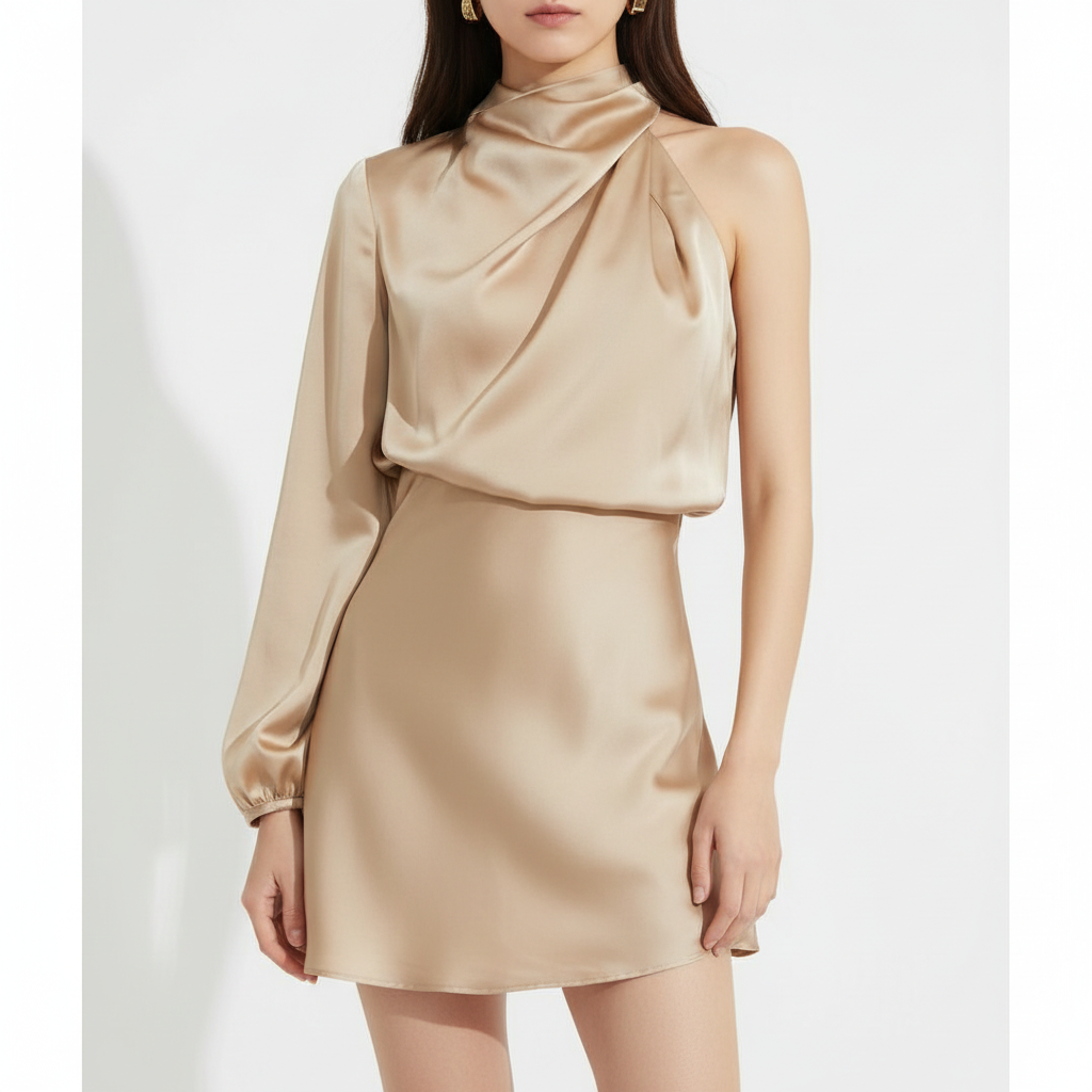 Serena | Women's Long Sleeve Mini Dress With One Shoulder And Asymmetric Cut