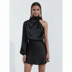 Serena | Women's Long Sleeve Mini Dress With One Shoulder And Asymmetric Cut