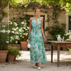Sienna | Women’s Floral Maxi Dress With Halter Neckline And Waist Tie Belt | Elegant