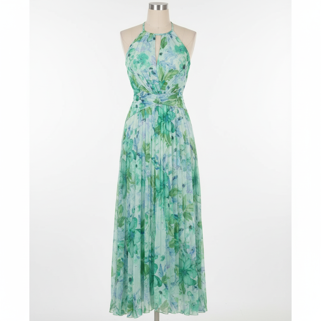 Sienna | Women’s Floral Maxi Dress With Halter Neckline And Waist Tie Belt | Elegant