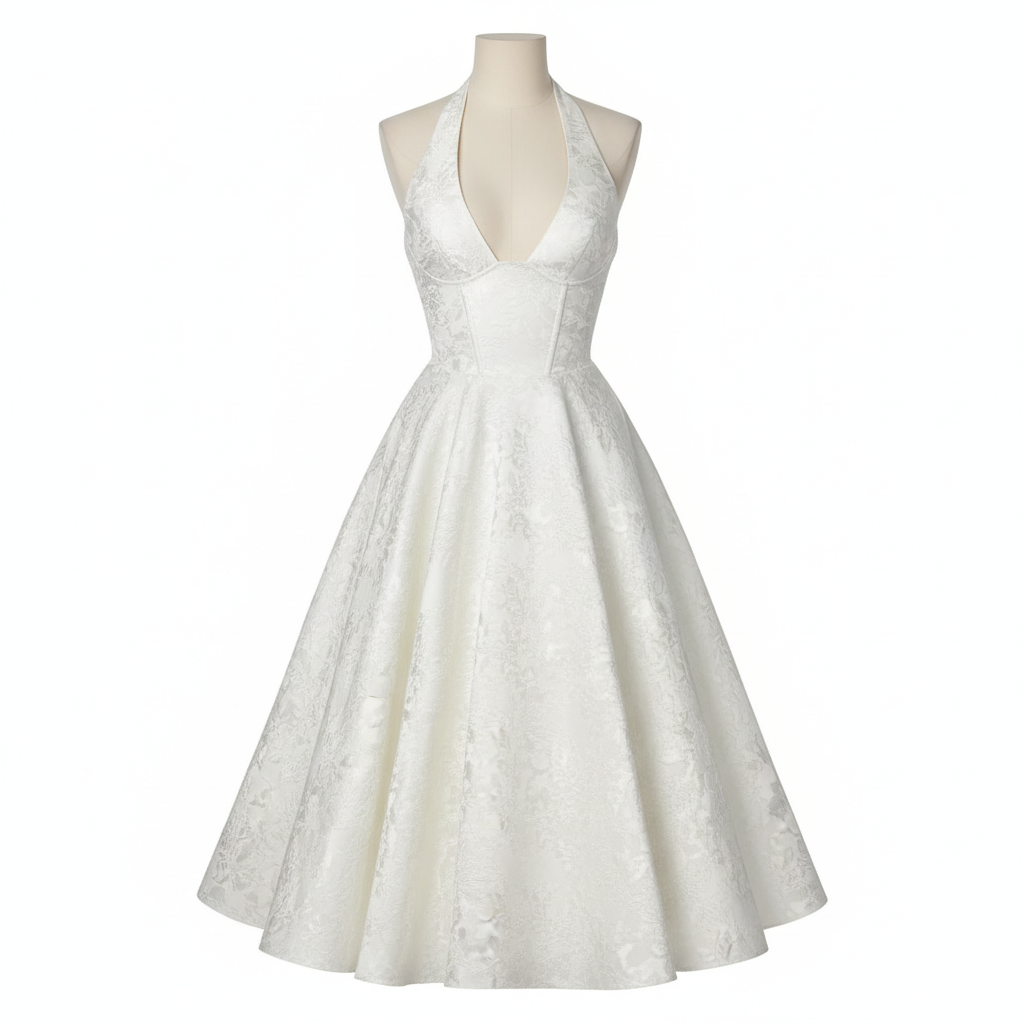 Sienna | Women’s Halter Midi Dress With Jacquard Texture And Fitted Bodice | Elegant