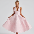 Sienna | Women’s Halter Midi Dress With Jacquard Texture And Fitted Bodice | Elegant