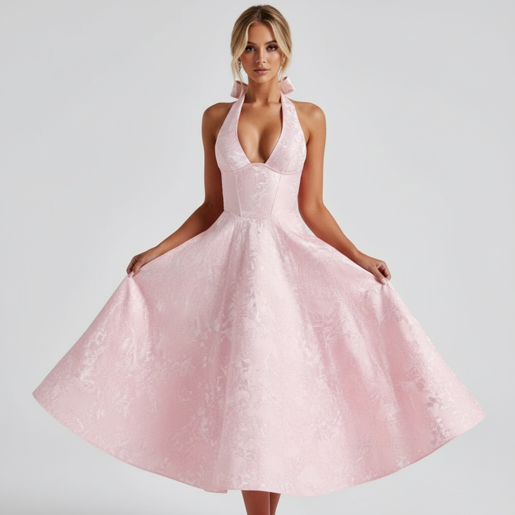 Sienna | Women’s Halter Midi Dress With Jacquard Texture And Fitted Bodice | Elegant