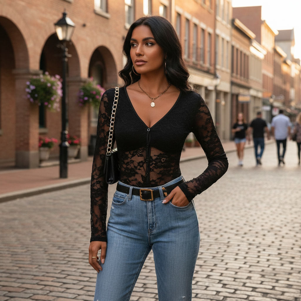 Sophia | Women's Bodysuit With V-Neck And Lace Texture | Chic