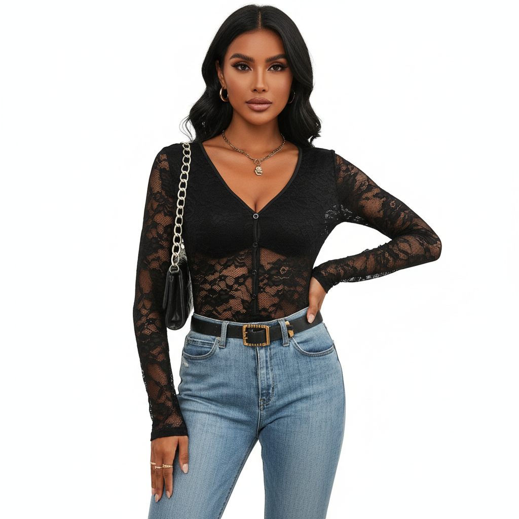 Sophia | Women's Bodysuit With V-Neck And Lace Texture | Chic