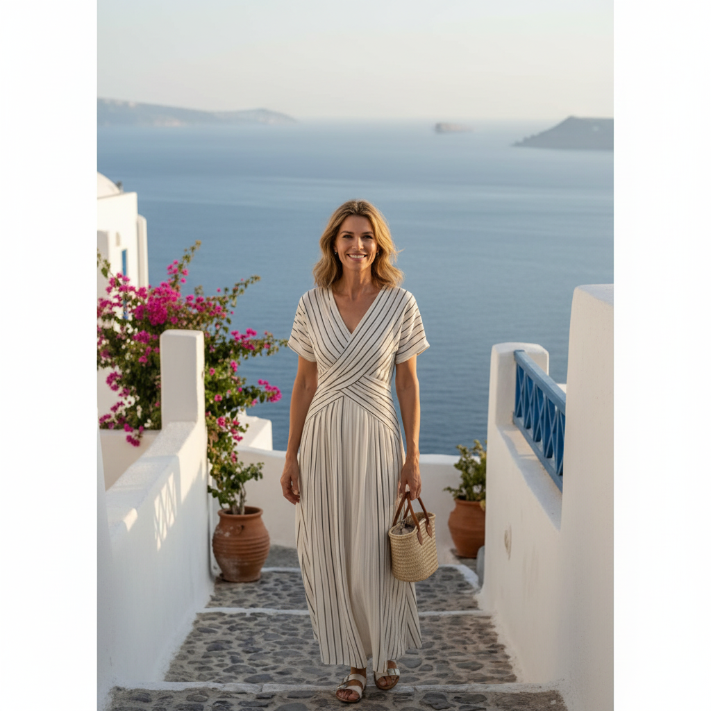 Sophia | Women's Cross Waist Midi Dress With Pleated Skirt And Short Sleeves | Casual