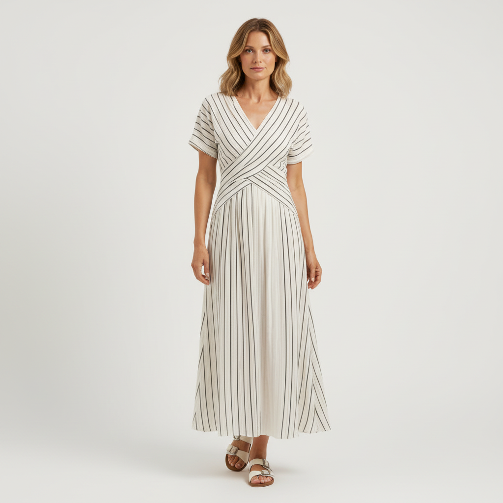 Sophia | Women's Cross Waist Midi Dress With Pleated Skirt And Short Sleeves | Casual