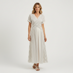 Sophia | Women's Cross Waist Midi Dress With Pleated Skirt And Short Sleeves | Casual