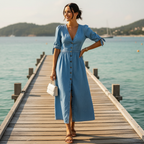 Sophia | Women's Denim Dress With V-Neckline And Pleated Waist | Casual