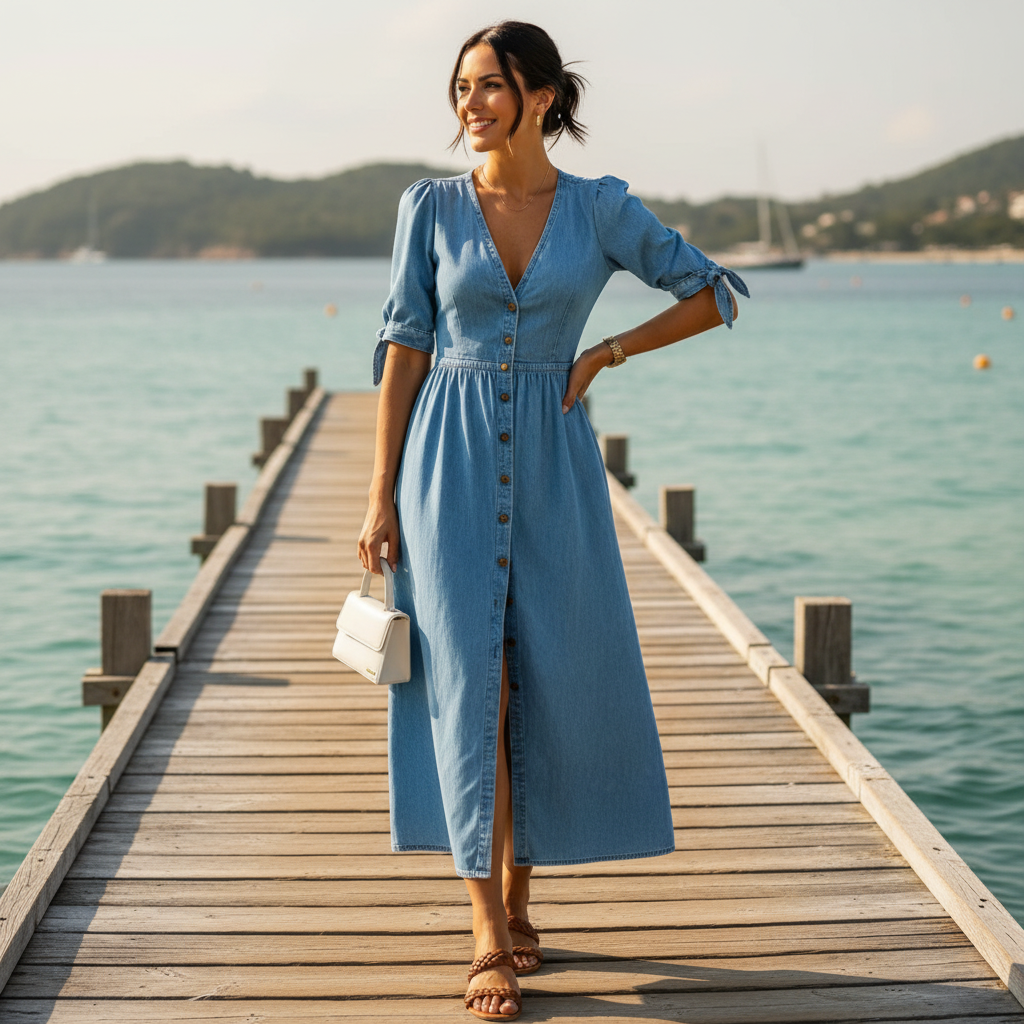 Sophia | Women's Denim Dress With V-Neckline And Pleated Waist | Casual