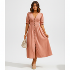 Sophia | Women's Denim Dress With V-Neckline And Pleated Waist | Casual