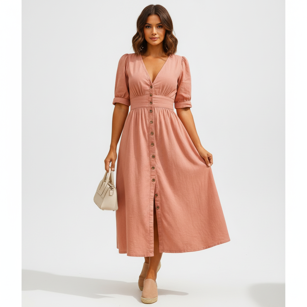 Sophia | Women's Denim Dress With V-Neckline And Pleated Waist | Casual