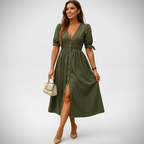 Sophia | Women's Denim Dress With V-Neckline And Pleated Waist | Casual