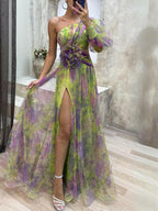 Sophia | Women’s Floral Dress With Asymmetric Neckline And Thigh-High Slit