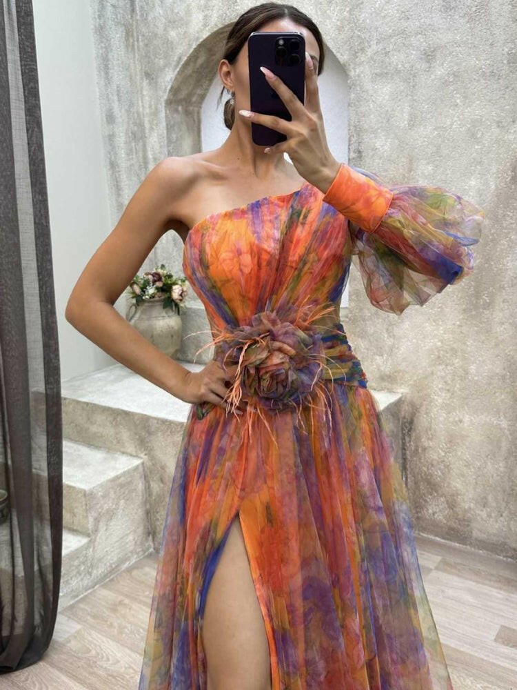 Sophia | Women’s Floral Dress With Asymmetric Neckline And Thigh-High Slit
