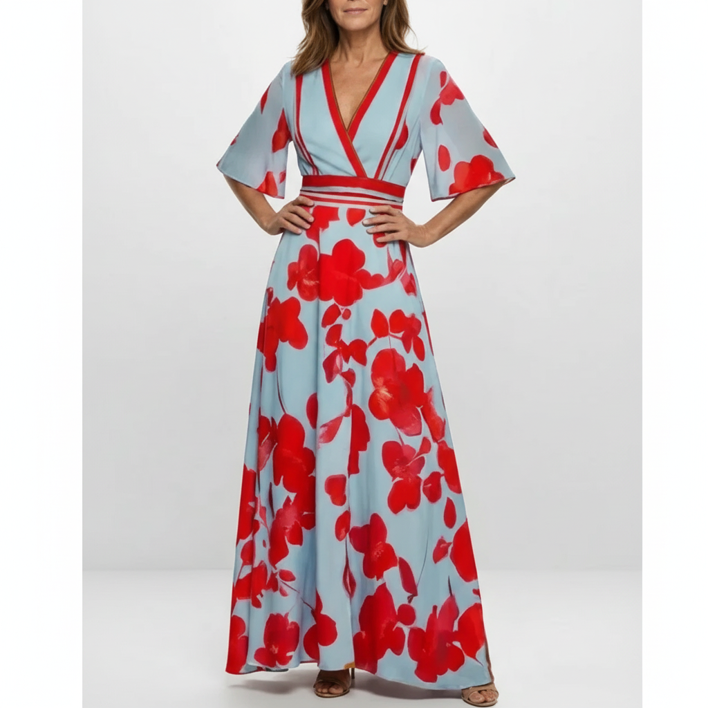 Sophia | Women's Floral Maxi Dress With V-Neck And Short Sleeves | Elegant