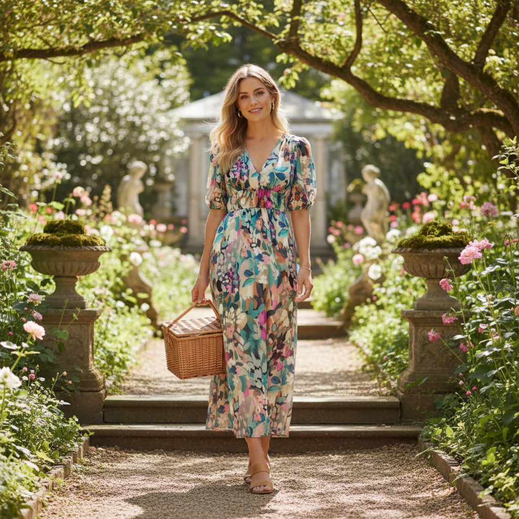 Sophia | Women's Floral Midi Dress With V-Neck And Puff Sleeves | Elegant