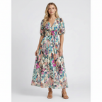 Sophia | Women's Floral Midi Dress With V-Neck And Puff Sleeves | Elegant
