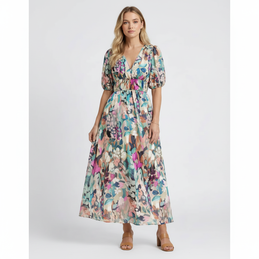 Sophia | Women's Floral Midi Dress With V-Neck And Puff Sleeves | Elegant