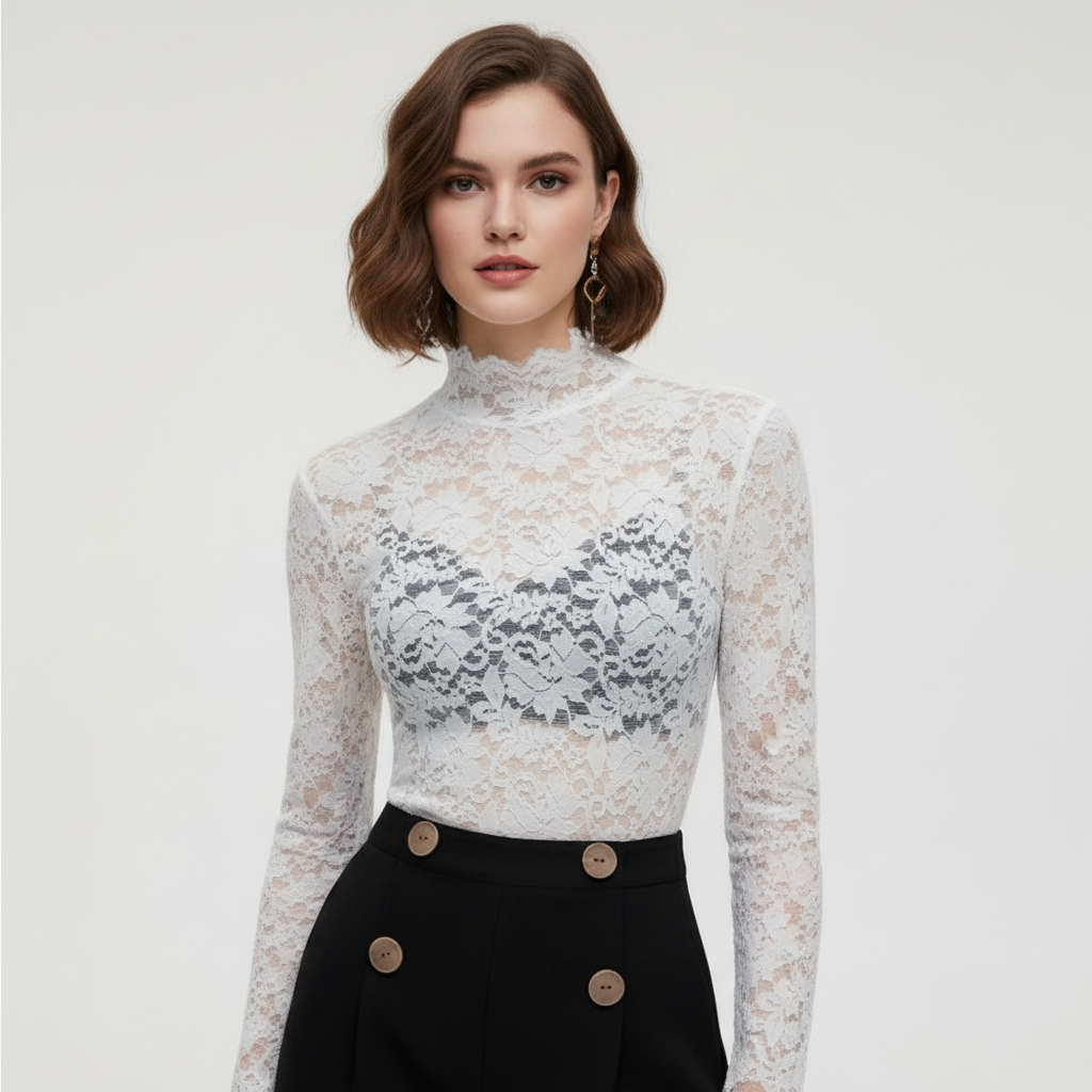Sophia | Women's Lace Top With High Neck And Lace Detail | Elegant