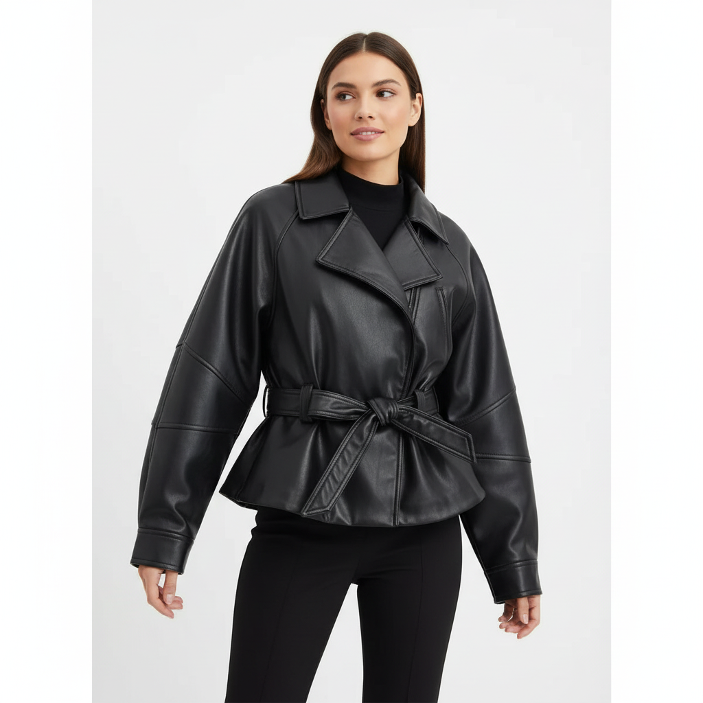 Sophia | Women's Leather Jacket With Belt Detail And Notch Lapel | Chic