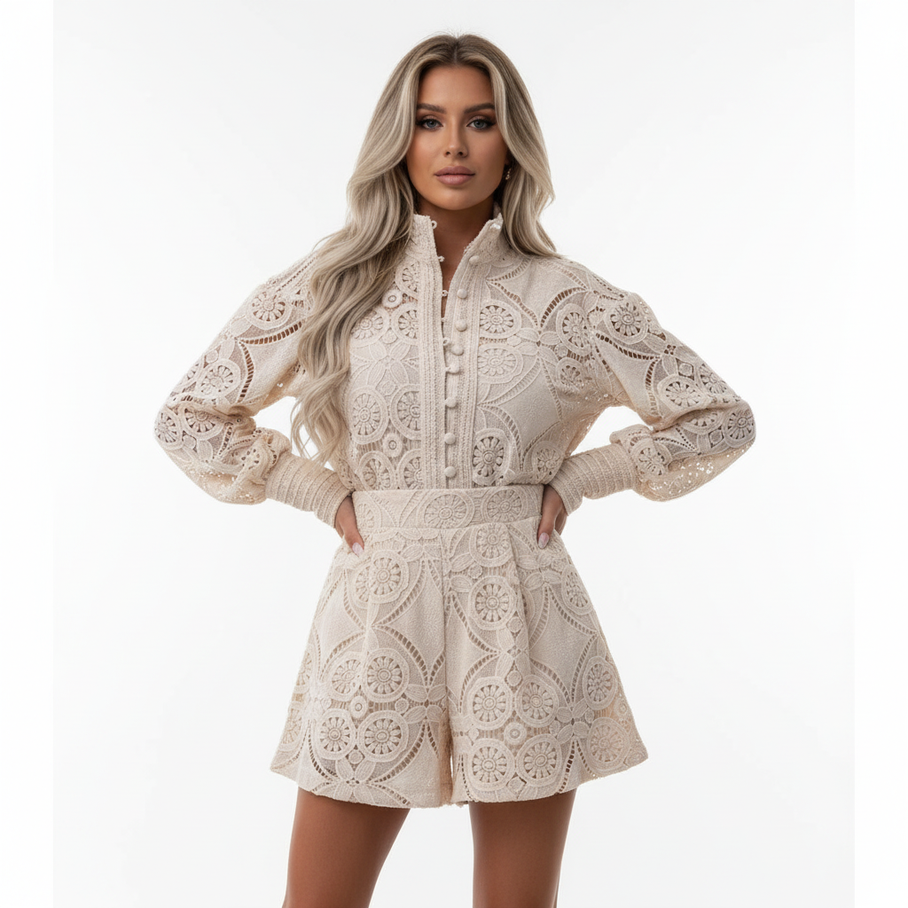 Sophia | Women's Romper With High Neck And Lace Texture | Elegant