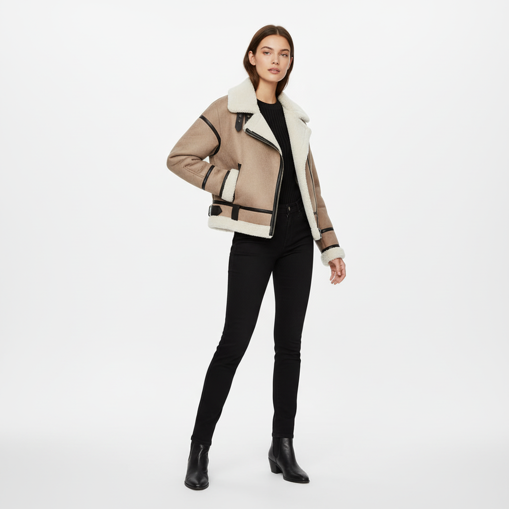 Sophia | Women's Sherpa Jacket With Zip Closure And Belt Detail | Chic