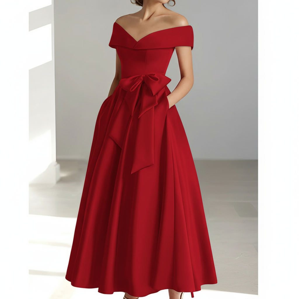 Sophia | Women's Wedding Guest Dress With Off Shoulder Neckline And Bow Detail | Elegant