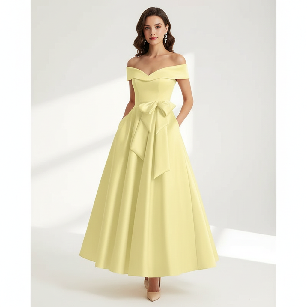 Sophia | Women's Wedding Guest Dress With Off Shoulder Neckline And Bow Detail | Elegant