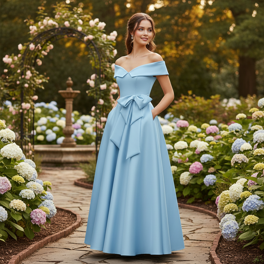 Sophia | Women's Wedding Guest Dress With Off Shoulder Neckline And Bow Detail | Elegant