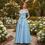 Sophia | Women's Wedding Guest Dress With Off Shoulder Neckline And Bow Detail | Elegant