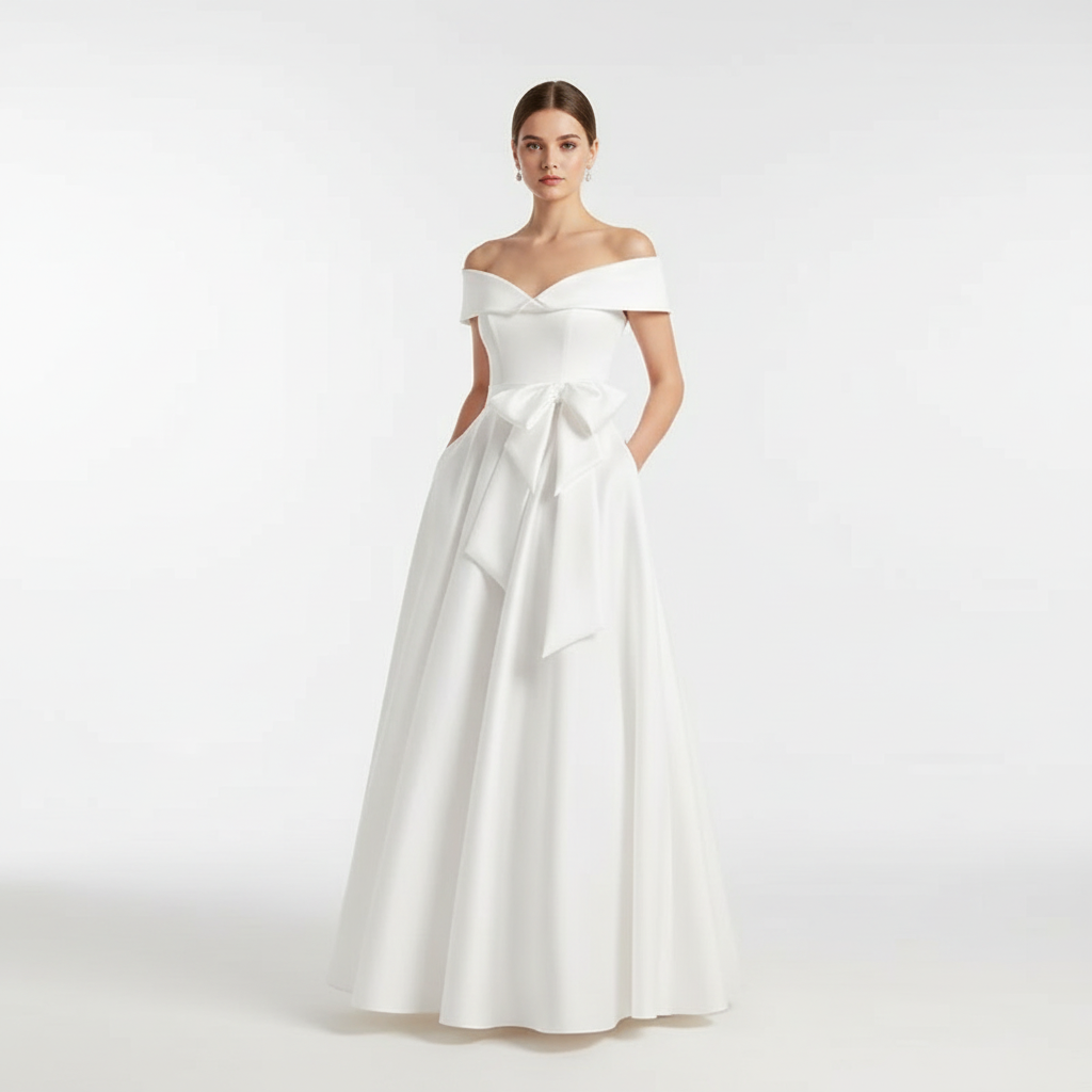 Sophia | Women's Wedding Guest Dress With Off Shoulder Neckline And Bow Detail | Elegant