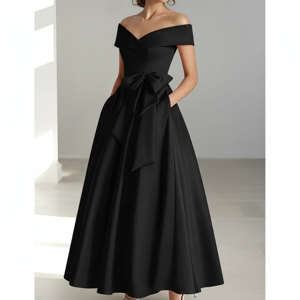 Sophia | Women's Wedding Guest Dress With Off Shoulder Neckline And Bow Detail | Elegant