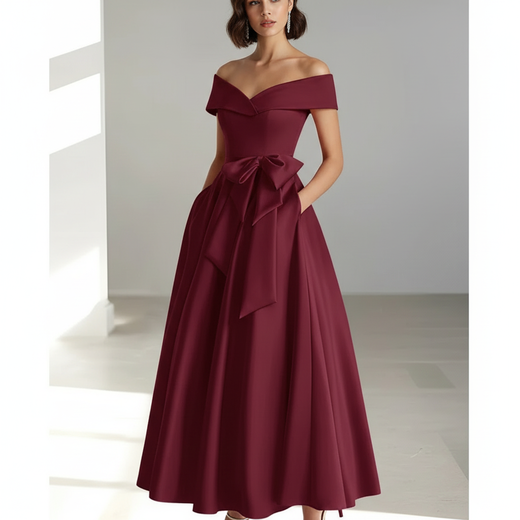 Sophia | Women's Wedding Guest Dress With Off Shoulder Neckline And Bow Detail | Elegant
