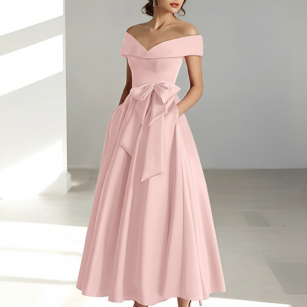 Sophia | Women's Wedding Guest Dress With Off Shoulder Neckline And Bow Detail | Elegant