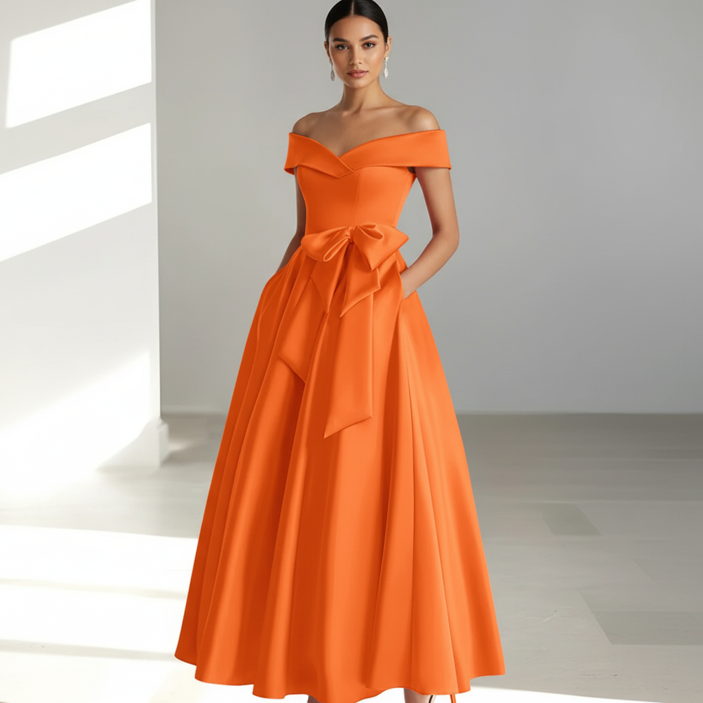 Sophia | Women's Wedding Guest Dress With Off Shoulder Neckline And Bow Detail | Elegant