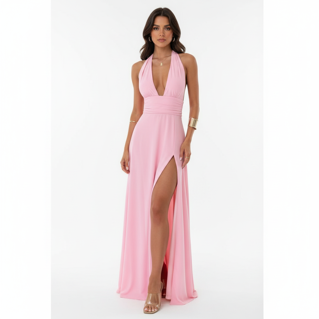 Sophia | Women's Wedding Guest Maxi Dress With Halter Neckline And Side Slit | Elegant