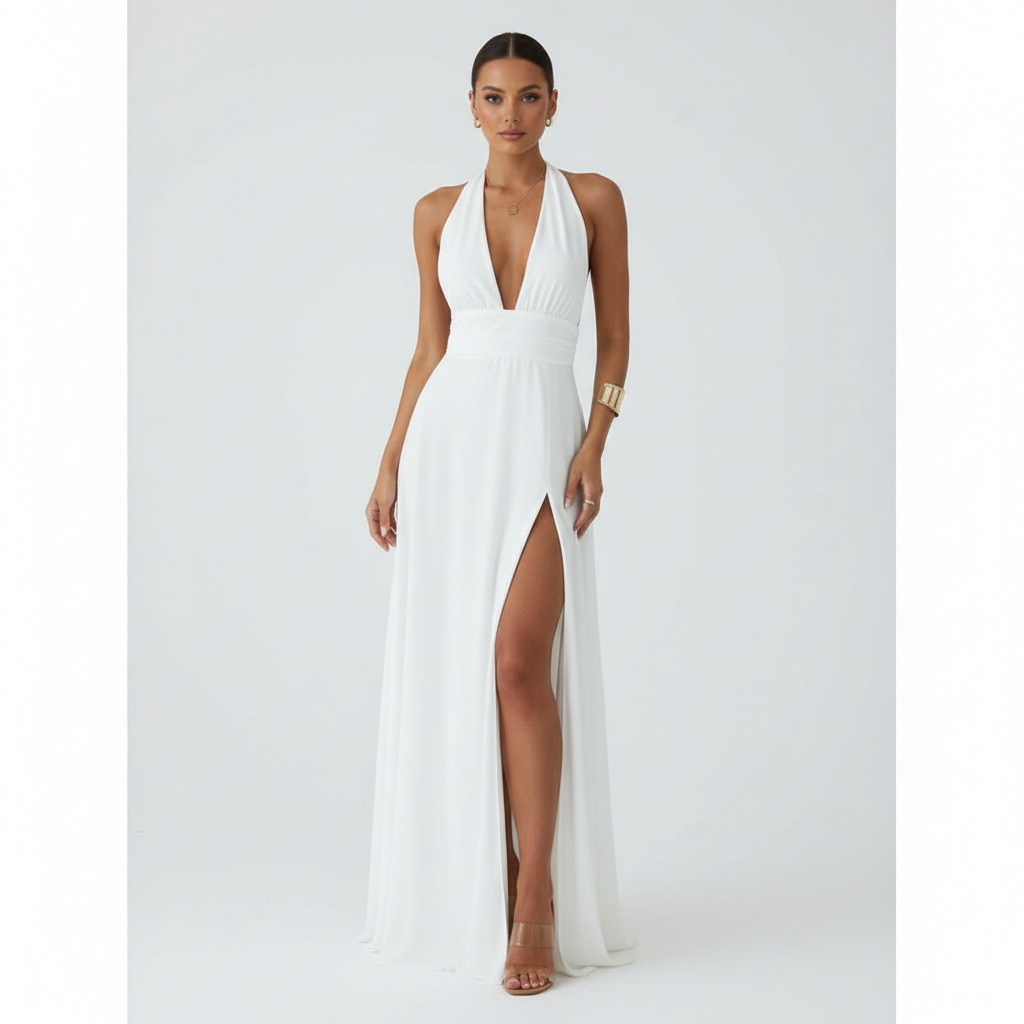 Sophia | Women's Wedding Guest Maxi Dress With Halter Neckline And Side Slit | Elegant