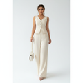 Women's Tailored Wide-Leg Cream Trouser Set – Elegant Waistcoat Cut