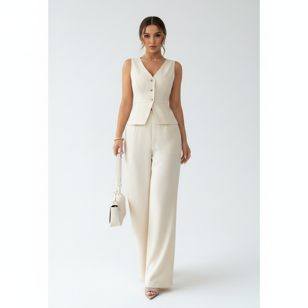 Women's Tailored Wide-Leg Cream Trouser Set – Elegant Waistcoat Cut
