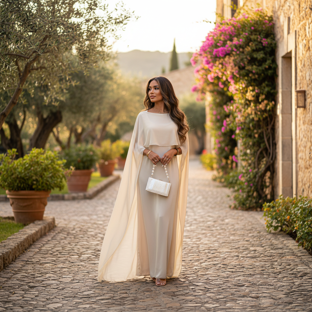 Charlotte | Women's Wedding Guest Dress With Draped Cape And Loose Fit | Elegant