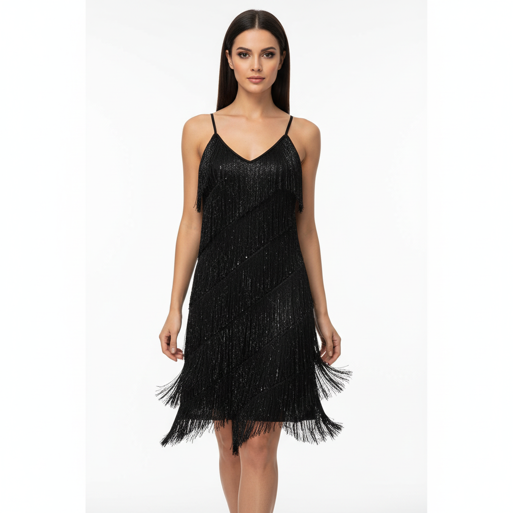 Olivia | Women's Sparkle Mini Dress With Spaghetti Straps And Fringe Hem | Glamorous