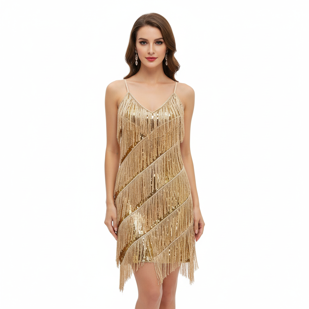 Olivia | Women's Sparkle Mini Dress With Spaghetti Straps And Fringe Hem | Glamorous